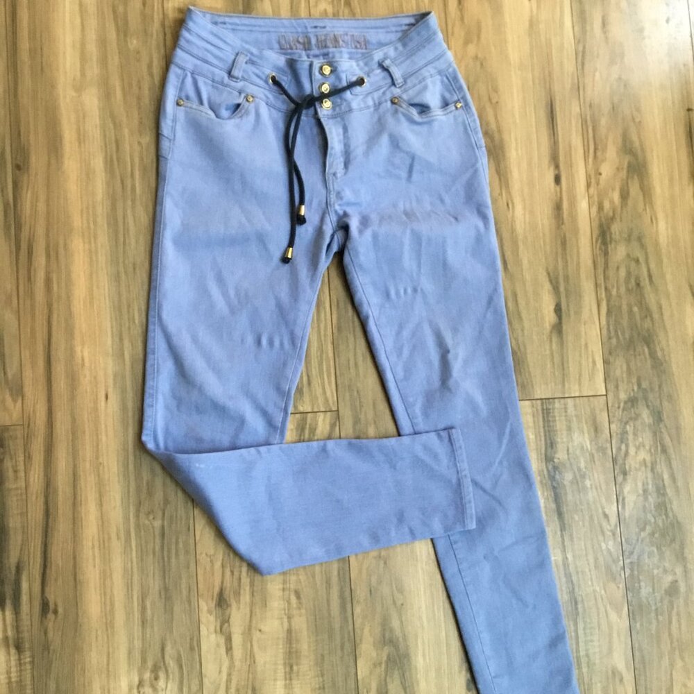 CLASH JEANS Women's Skinny Denim Jeans Mid Rise Stretchy Tie Waist Blue 11